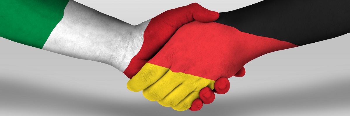 Handshake between germany and italy flags painted on hands, illustration with clipping path